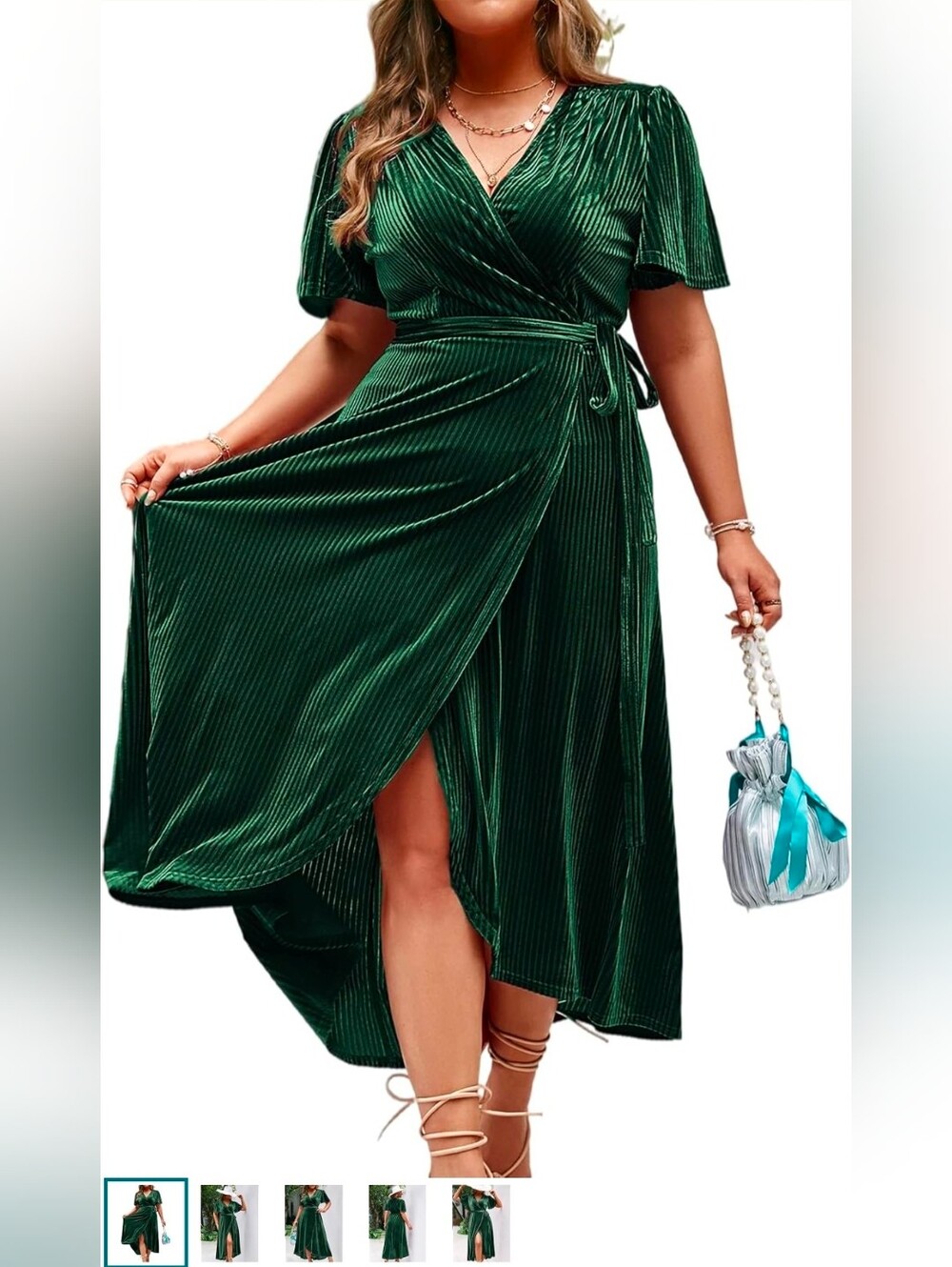 NWT Emerald Green Velvet Wrap Midi Dress Simplee Plus- Women's 4x
